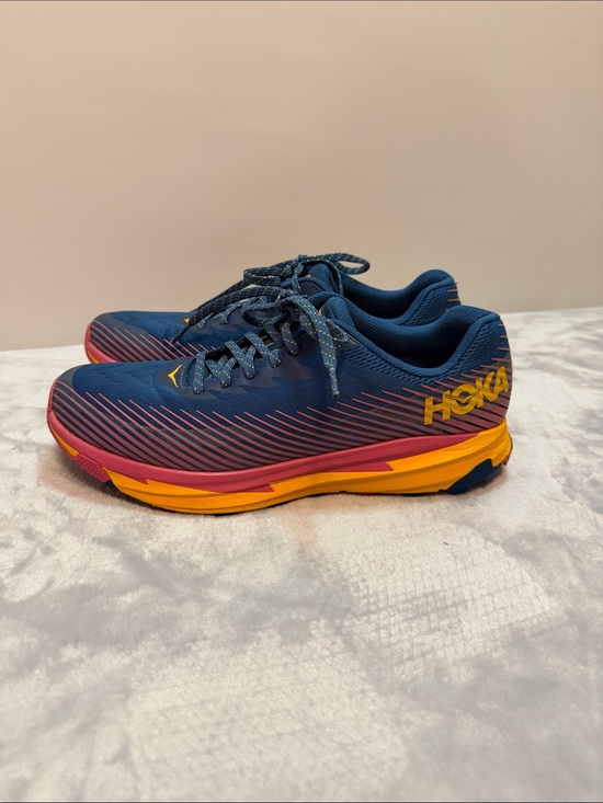 Hoka Shoes - Hoka navy blue running shoes with pink and yellow sole